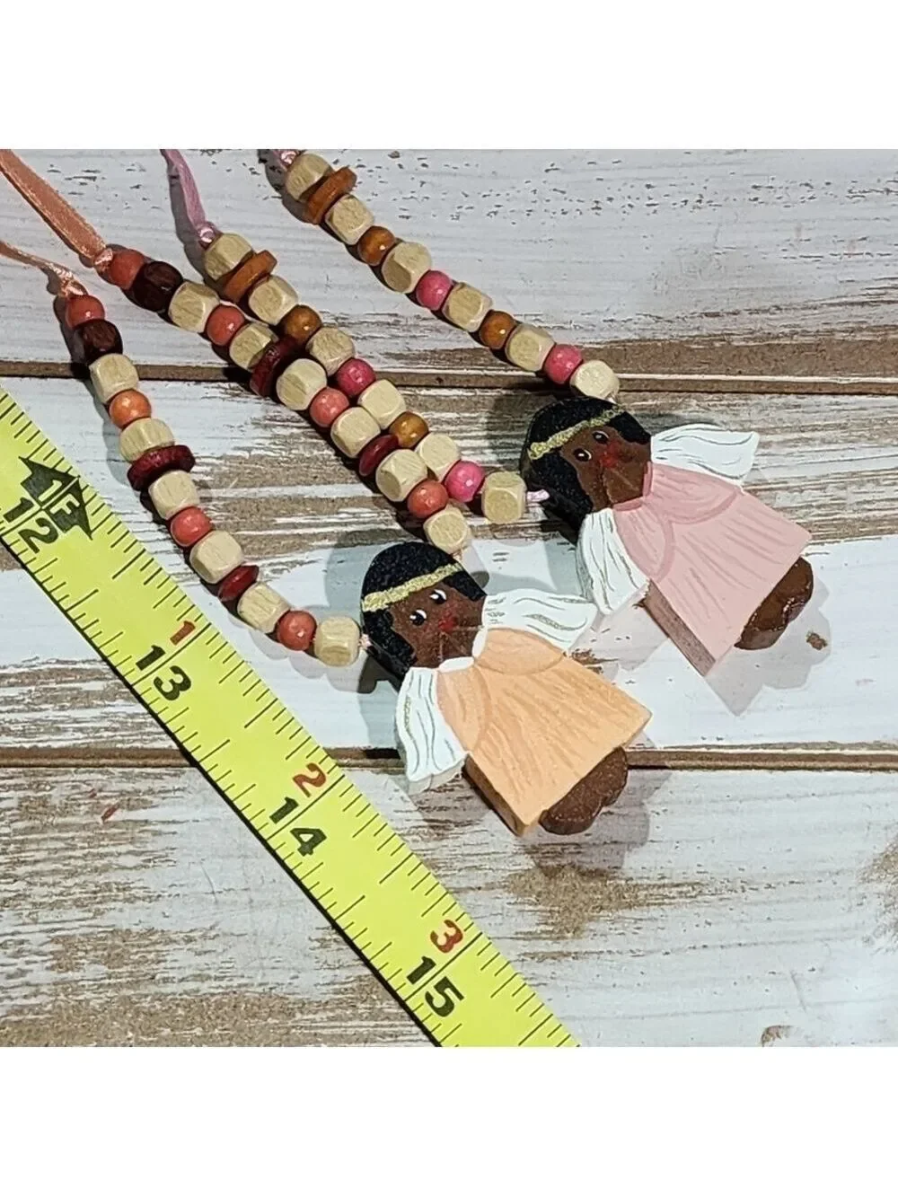 Handmade Handpainted praying Angel Holiday Christmas wood beaded necklace signed